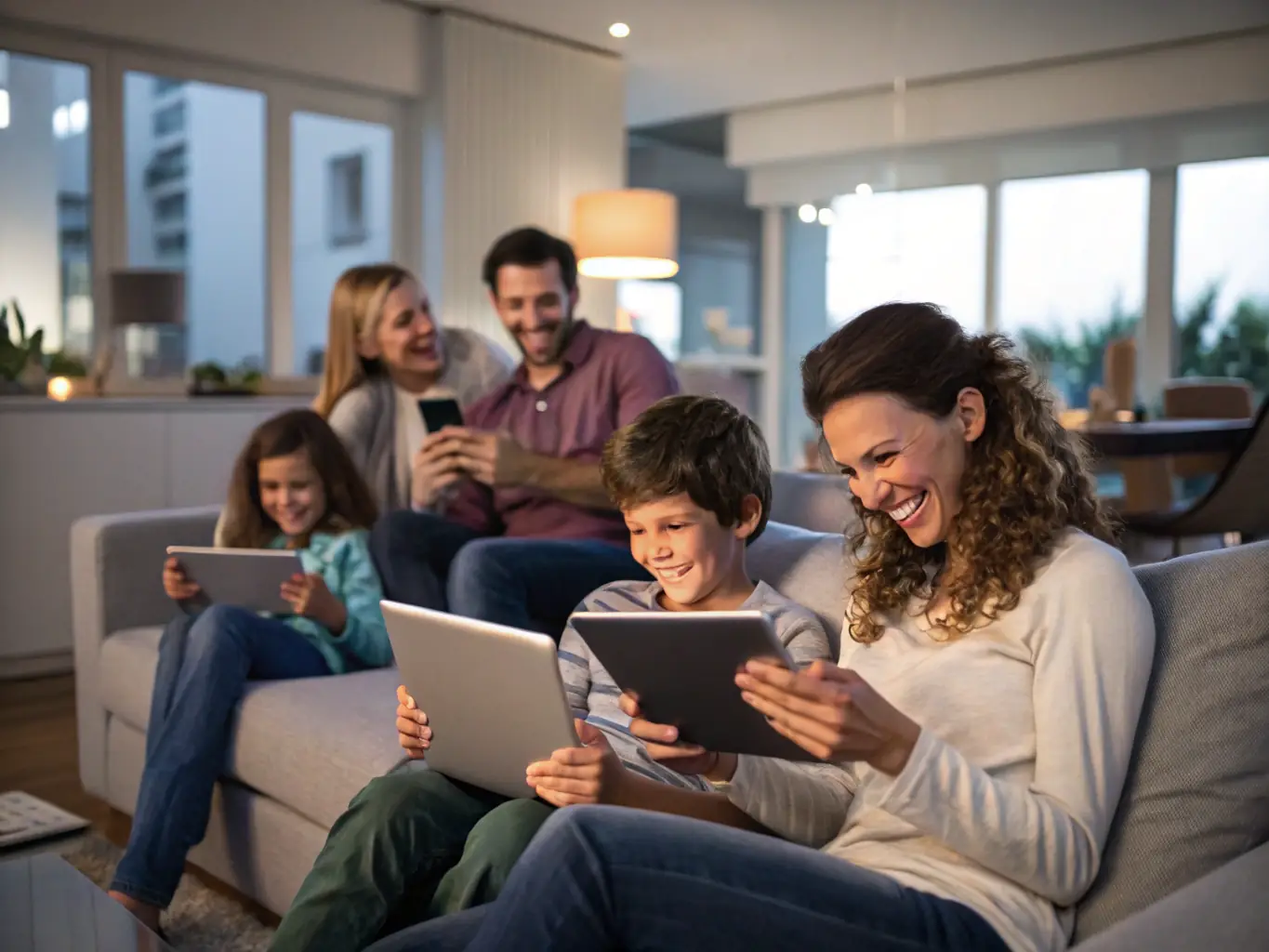 A family enjoying high-speed internet at home, with devices connected seamlessly, showcasing reliable internet solutions.