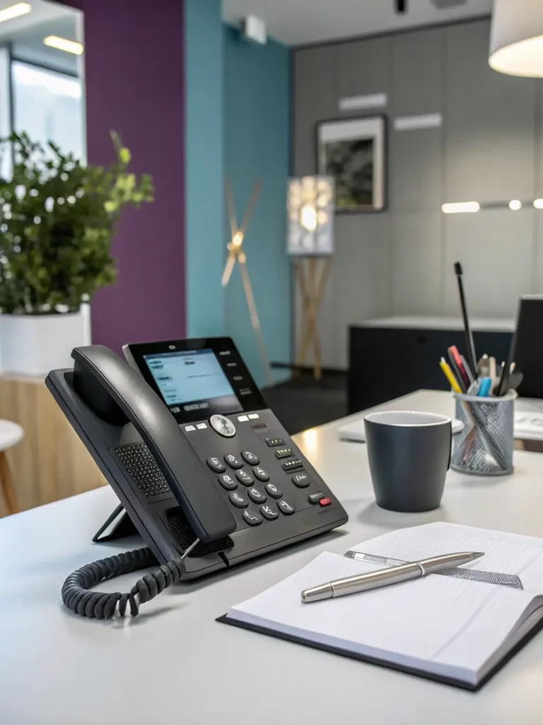 A modern office phone system with multiple handsets, showcasing Jungi Solutions' telephony services for businesses.